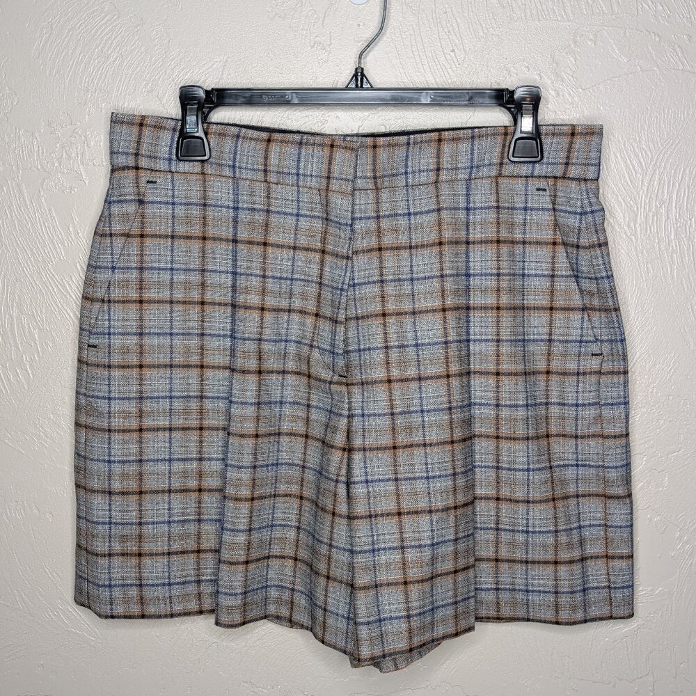 Sandro Womens 42 (US 10) Blue Brown Plaid Pleated Wool Blend Shorts